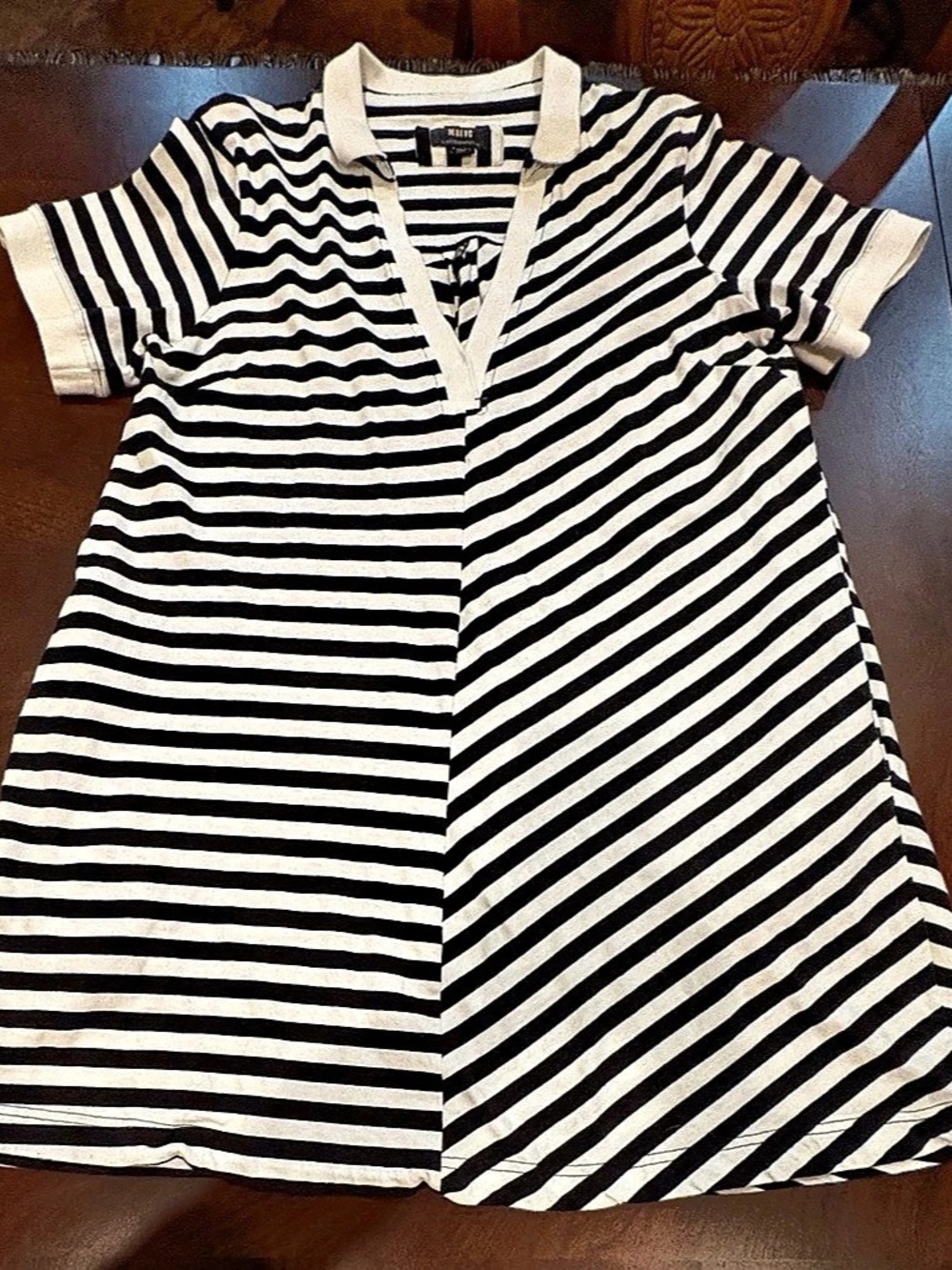 Maeve Anthropologie XL Black White Mixed Stripe Cotton V Neck Dress